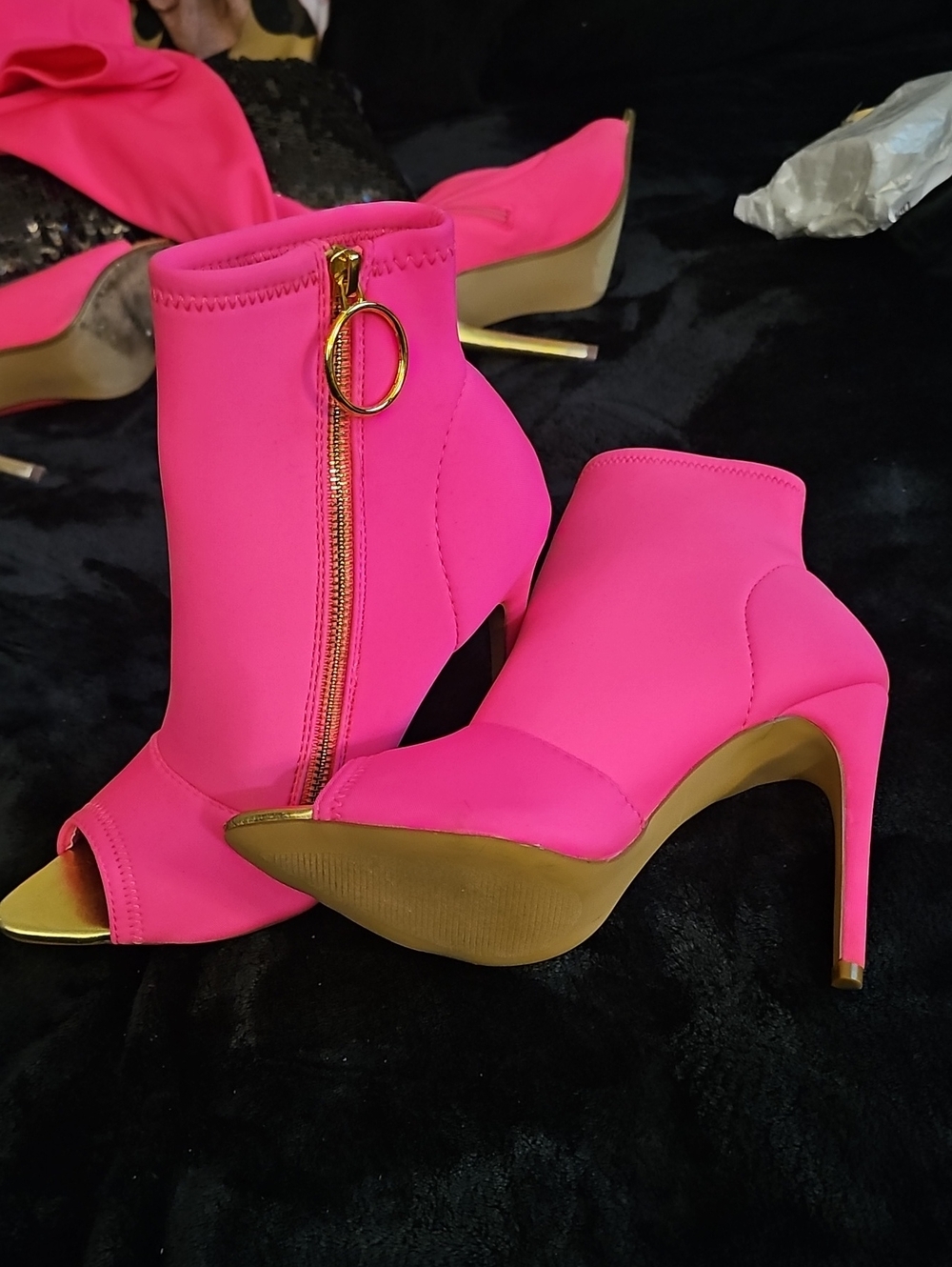 Brand New Hot Pink Peep-Toe Ankle Booties with Gold Zip